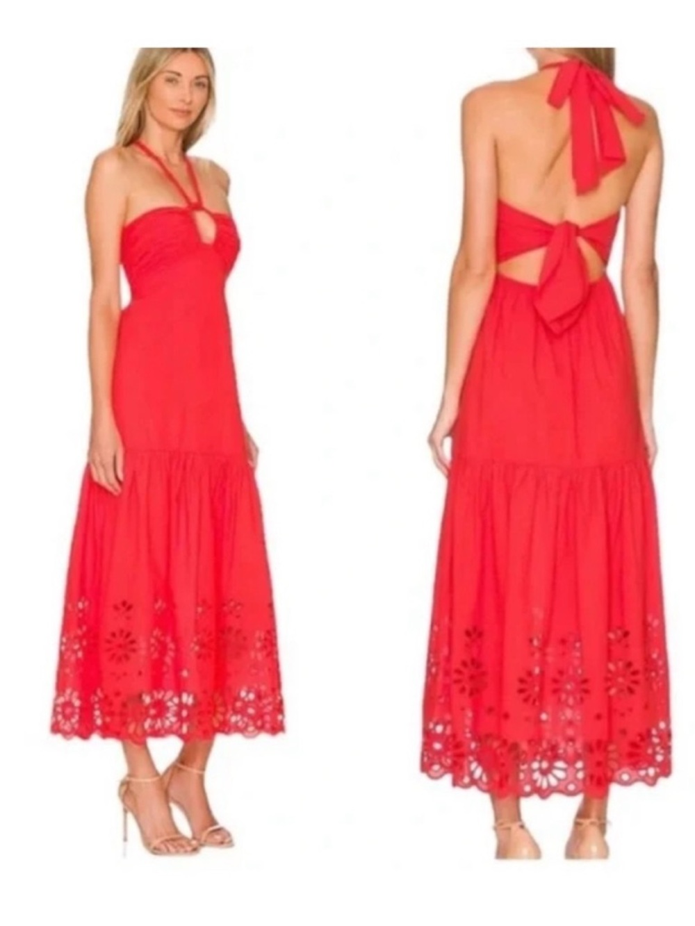 Jason Wu Red Embroidered Tent Scallop Cotton Halter Sundress